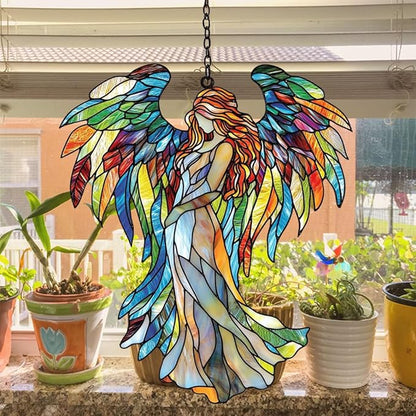 Rainbow Wing Angel Acrylic Suncatcher Stained Glass Effect Window Car Hanging Christmas Ornament Indoor Outdoor Decor Garden Sun Catcher Panel for Angel Lover for Women Mom Grandma