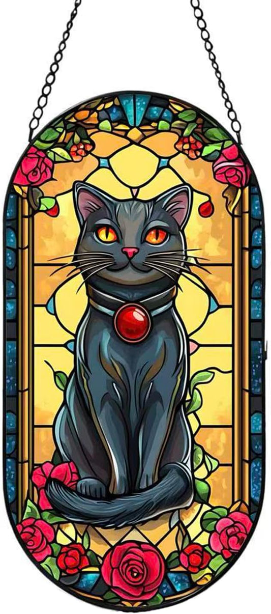 Stained Glass Window Hanging, Black Cat Sun Catcher for Window Door Wall Home Kitchen Living Room Meditation Decoration, Gifts for Women, Daughter, Mom, Father, Mother's Day Birthday