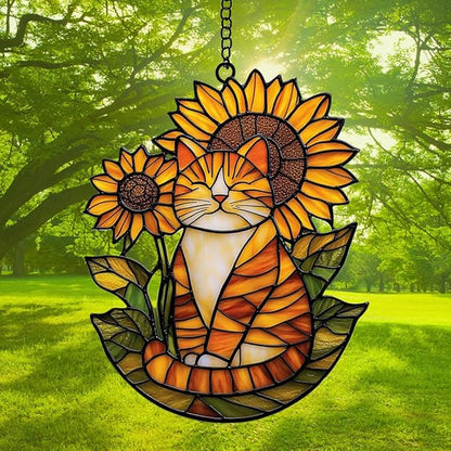 Happy Tabby Cat Acrylic Suncatcher Stained Glass Effect Window Car Hanging Christmas Ornament Indoor Outdoor Decor Garden Sun Catcher Panel Gifts for Cat Lover for Women Mom Grandma