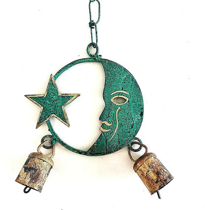 Metal Moon and Star Wind Chime, 13 Inch Celestial Garden Decor, Green Patina Finish with Rustic Copper Bells, Outdoor Hanging Accent