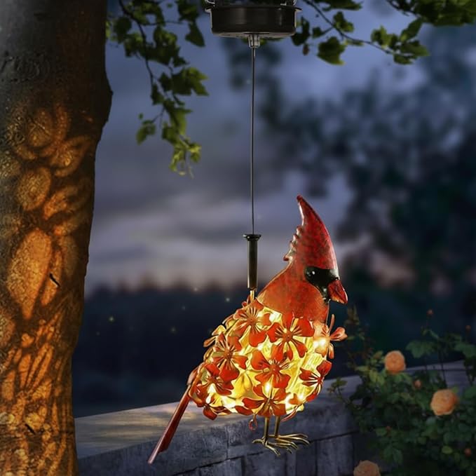 Glooglitter Cardinal Solar Lights Hanging Decoration Garden Outdoor Decor Metal Gifts Waterproof for Yard Front Porch Lawn Driveway Patio Backyard Pathway Gardening Lanterns Gift