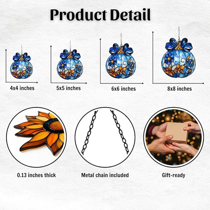 Blue Floral Pumpkin Acrylic Suncatcher Stained Glass Effect Window Car Hanging Christmas Ornament Indoor Outdoor Decor Garden Sun Catcher Panel for Halloween Lover for Women Mom Grandma