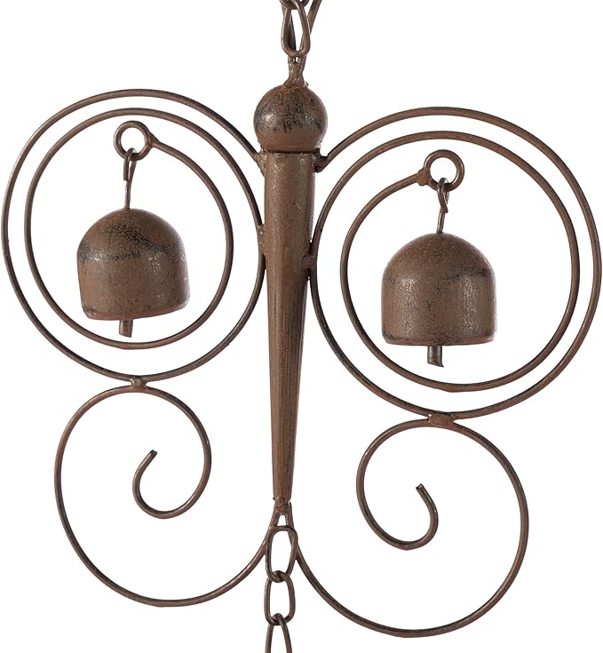 Glitzhome 8.5 FT Rain Chains for Gutters, Butterfly Bells Faux Copper Finish Rain Chains for Outside, Adjustable Rain Catcher Chain with V-Shaped Gutter