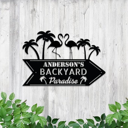 MeMate Personalized Outdoor Sign - Flamingo House Metal Sign for Porch Deck Backyard Patio Pool, Housewarming Gift