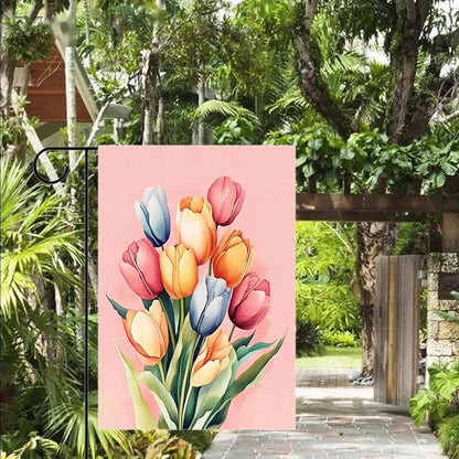 Gkyygk Pink Tulip Flower Welcome Banners Garden Flag Double Sided 12x18 Inches Farmhouse Holiday Outside Decorations Burlap Yard Flag