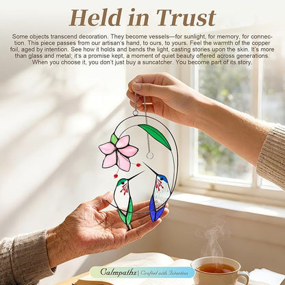 Handmade Real Stained Glass Hummingbird Suncatcher - 8 Inch Two Hummingbirds on Branch with Flowers, Tiffany Copper Foil Window Hanging, Bird Safe Gift for Mom Grandma, Bird Lovers Home Decor