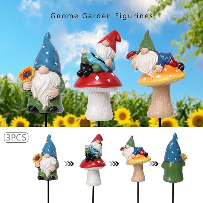 Garden Gnome Statue, Resin Miniature Gnome Set of 3PCS, Figurine with Garden Stakes for Lawn Patio Yard Outdoor Home Decor