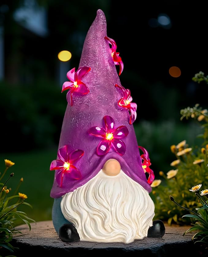 twinbling Solar Garden Outdoor Statues Gnome with Green Flower Lights, Resin Lawn Decor, Gnomes Decorations for Yard, Patio, Home, Balcony (Purple)