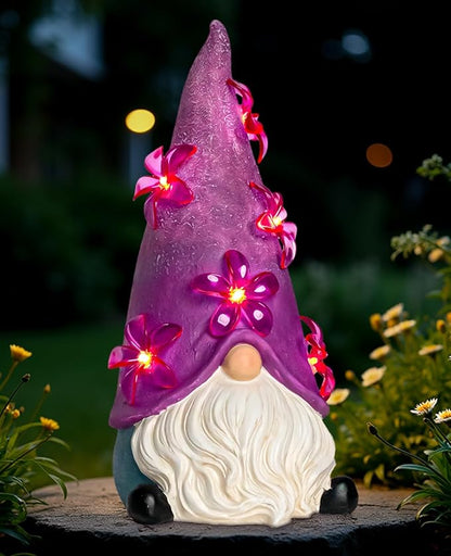 twinbling Solar Garden Outdoor Statues Gnome with Green Flower Lights, Resin Lawn Decor, Gnomes Decorations for Yard, Patio, Home, Balcony (Purple)