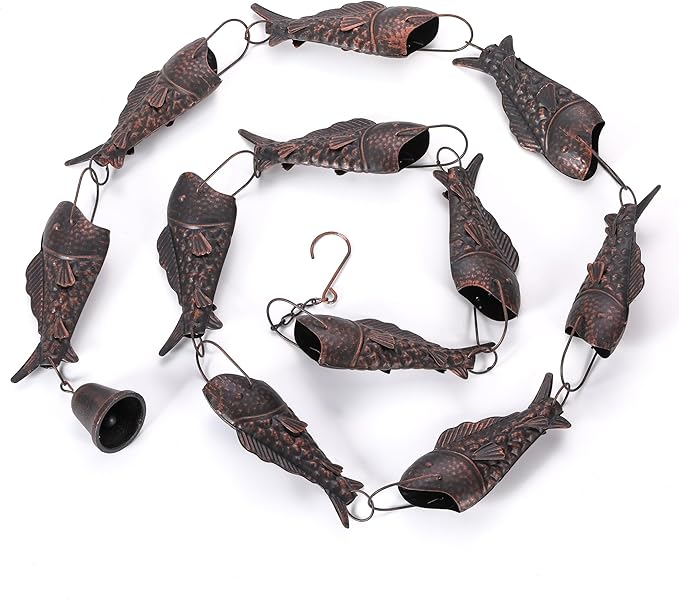 Antique Bronze Rain Chain with Rainbow Trout for Heavy Rain, Functional and Decorative Replacement Downspout Chain for Outside, Rain Catcher Chain for Gutters, 8.5FT
