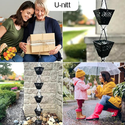 U-nitt Rain Chain Water Collection for Gutters Rainwater Catcher & Diverter, 8.5 FT Chains for Outside Garden, Black Square Cups, Roof Downspout, Works with Heavy Rain, w/Gutter Clip for Rainchains
