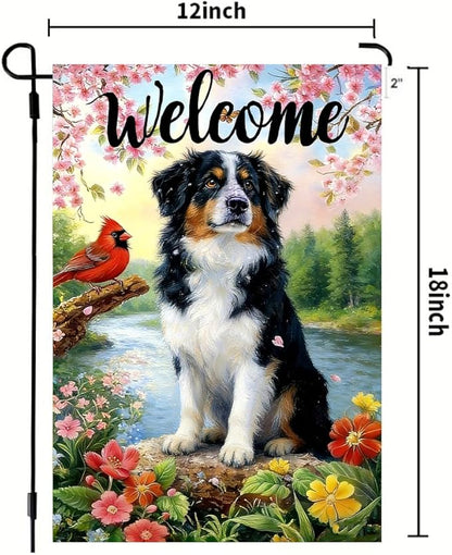 Spring Summer Australian Shepherd Dog Garden Flags 12x18 Double Sided, Small Burlap Seasonal Cardinal Flowers Garden Flag Spring Summer Outdoor Yard Decorations for Outside Lawn Decor