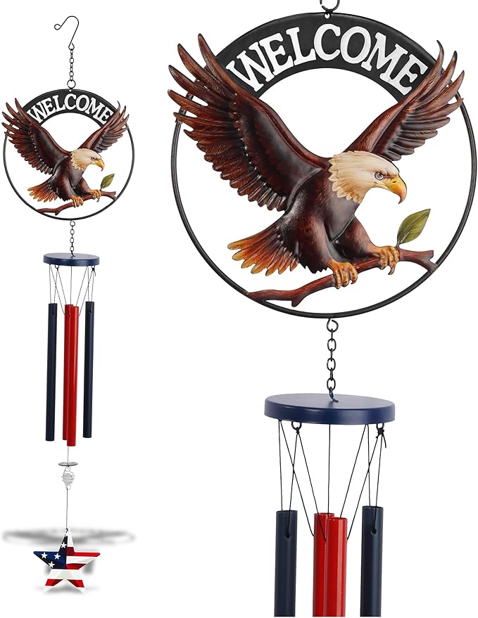 CoTa Global Welcome Eagle USA Flag Wind Chime - Handmade Metal Hanging Decor, Patriotic Garden Ornament with Red, White and Blue Tubes, Indoor Outdoor Porch Patio Yard Decoration - 34 Inches