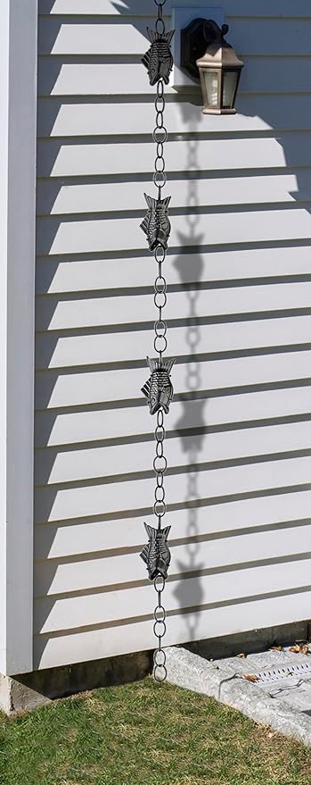 Fish Black Aluminum 8.5 ft. Rain Chain with Gutter Installation Clip by Good Directions