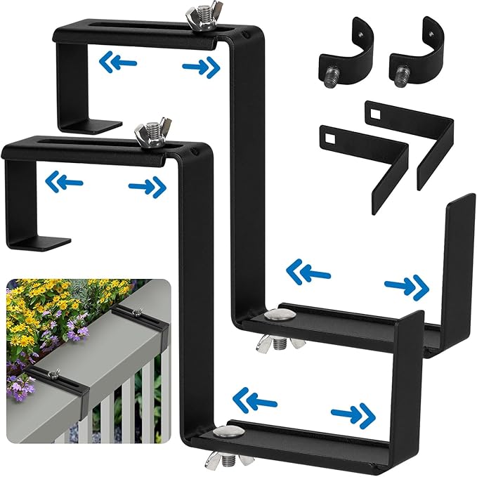 Adjustable Planter Box Bracket, Black, 1 Pair - Hanging, Metal Alloy Steel Iron, Compact, No Drill, Fits 5-8.3 Inch Width, Suitable for Railings, Windows, Balconies, Fences