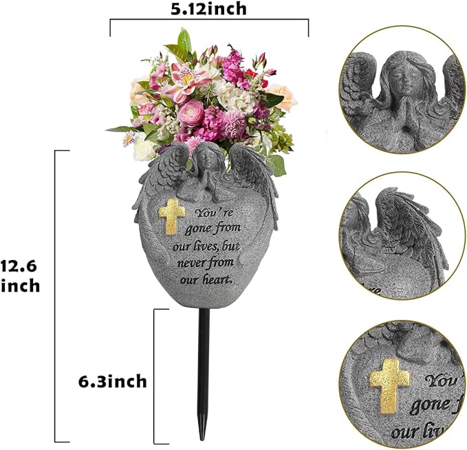 Angel and Cross Cemetery Grave Memorial Vases，Cemetery Flowers for Grave,Grave Decorations for Cemetery，Set of 2 Cemetery vases with Spikes,Memorial Gifts for Loss of Loved (2gary)