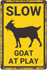 Slow Goat at Play Aluminium Metal Sign, Funny Goat Warning Sign, Vintage Goat Decor, Goat Gift, Goat House Decor, Wall Decor for Farmhouse/Home/Yard/Children Room, 8"x12" Indoor/Outdoor