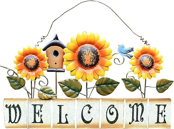 Sunflower Welcome Sign Metal Hanging Welcome Plaque for Wall Front Door - Decorative Flower Yard Signs Spring Wreath Decor for Garden Porch Patio Backyard (D)