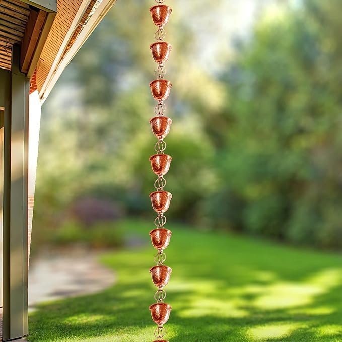 Monarch Rain Chains Pure Copper Hammered Cup Rain Chain with Gutter Adapter, 8.5 ft Decorative Downspout Replacement & Copper Rain Chain Gutter Adapter