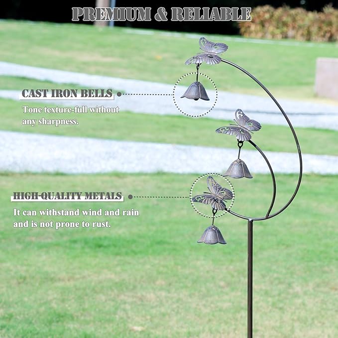 Gardens Metal Butterfly with Bells for Outside Yard Art，Decorative Garden Stakes