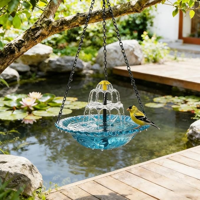 Solar Hanging Bird Bath Fountain - 9 Spray Heads,10FT Cord, 9.3" Blue Bowl with 16'' Metal Chain, Solar Powered Cascading Bubbler for Outdoor Deck, Patio, Yard, Lawn, Attracts Hummingbirds