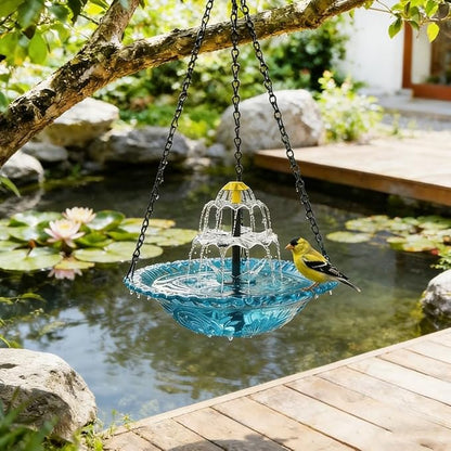 Solar Hanging Bird Bath Fountain - 9 Spray Heads,10FT Cord, 9.3" Blue Bowl with 16'' Metal Chain, Solar Powered Cascading Bubbler for Outdoor Deck, Patio, Yard, Lawn, Attracts Hummingbirds