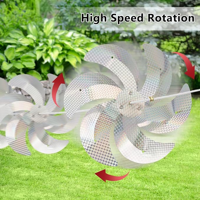 10 Meters 8 Pieces Reflective Pinwheels Bird Repellent Devices Outdoor Windmills, 12 Inches Silver Wind Spinners Outdoor Decor to Scare Birds, Large Shiny Rotating Pinwheels for Yard and Garden