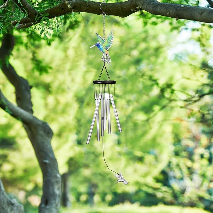 Outdoors Hummingbird Wind Chimes Sympathy Memorial for Loss of Loved One - Soothing Melodic Tones Aluminum Chime Great as a Gift for Your Patio Porch Garden and Backyard (Silvery, Hummingbird)