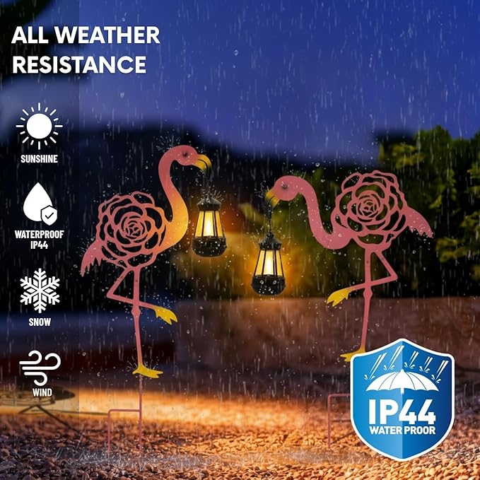Solar Flamingo Light with Lantern - Outdoor Garden Decor, Metal Rose Cut-Out, Warm Auto-On Light, Gift for Patio, Yard, Party Decoration(2 Pack)