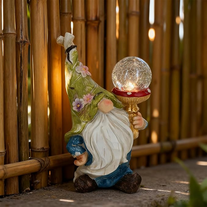 Garden Gnome Solar Light Statue - Outdoor Decorative Figurine with Crackle Glass Globe, Blue & White Floral Design, Waterproof LED Yard Art for Patio, Lawn, Garden, Porch