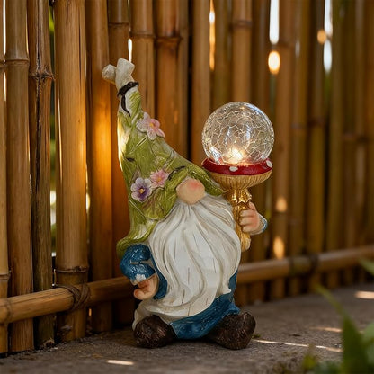 Garden Gnome Solar Light Statue - Outdoor Decorative Figurine with Crackle Glass Globe, Blue & White Floral Design, Waterproof LED Yard Art for Patio, Lawn, Garden, Porch