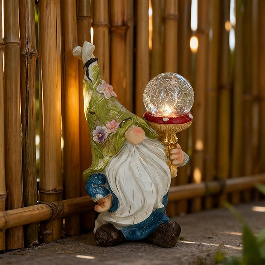 Garden Gnome Solar Light Statue - Outdoor Decorative Figurine with Crackle Glass Globe, Blue & White Floral Design, Waterproof LED Yard Art for Patio, Lawn, Garden, Porch