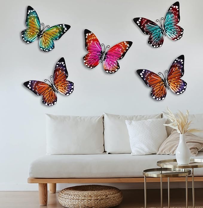 5 Pcs Metal Butterfies Fence Yard Art Garden Decor, 6.5" Butterfly for Outdoor Patio Backyard Balcony Sculpture, Colorful in Bulk