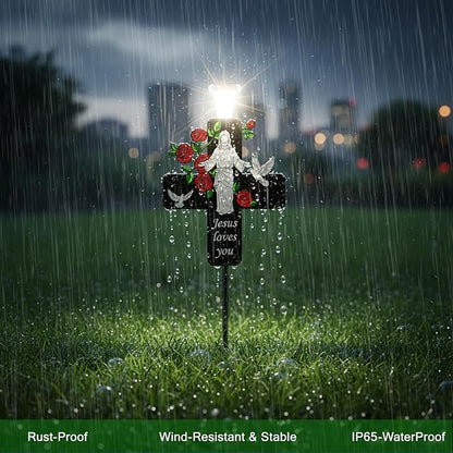 Solar Jesus Cross Memorial Stake with Rose - Religious Metal Cemetery Decorations, LED Christian Grave Marker, Sacred Sympathy Gift for Loss of Loved One (J Cross)