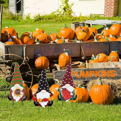 YEAHOME Fall Decorations for Home Outdoor, 3 Pack Gnomes Decorative Garden Stakes for Fall Decor, Autumn Metal Yard Signs for Outside Garden Lawn Porch Thanksgiving Decorations