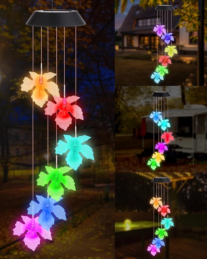 DOUBLEZHE Solar Wind Chimes, Color Changing Maple Leaf Wind Chimes for Outside, Birthday Gifts for Women Mom Grandma, Waterproof Outdoor LED Decoration Mobile Lights for Garden Patio Yard Party Decor