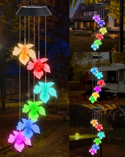 DOUBLEZHE Solar Wind Chimes, Color Changing Maple Leaf Wind Chimes for Outside, Birthday Gifts for Women Mom Grandma, Waterproof Outdoor LED Decoration Mobile Lights for Garden Patio Yard Party Decor