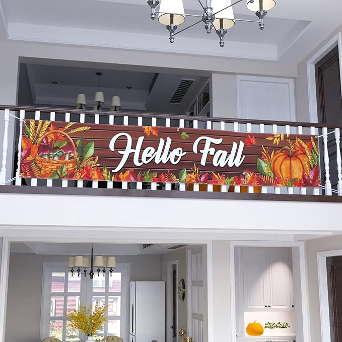 Probsin Happy Fall Banner 120"x 20" Decorations Outdoor Thanksgiving Decor Autumn Party Supplies Wooden Hello Fall Pumpkin Mushroom Harvest Welcome Hanging Backdrop for Garden Fence Yard Lawn Porch