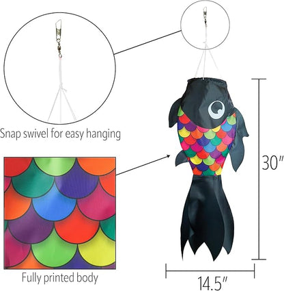 In the Breeze 5225 — 30-inch Black & Rainbow Damsel Fish — Colorful Fishsock Hanging Garden Decor with Detailed Printed Graphics