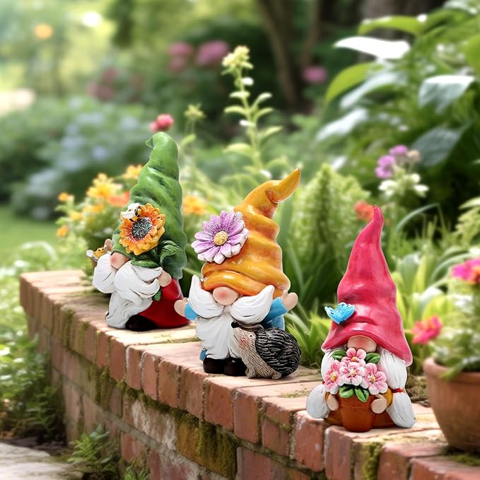 Hodao Set of 3 Spring Gnome Decorations Flower Gnomes Ornaments Decor Summer Outdoor Figurines Spring Elves for Porch, Garden Yard, Flower Bed Garden Gifts for Women, Mom