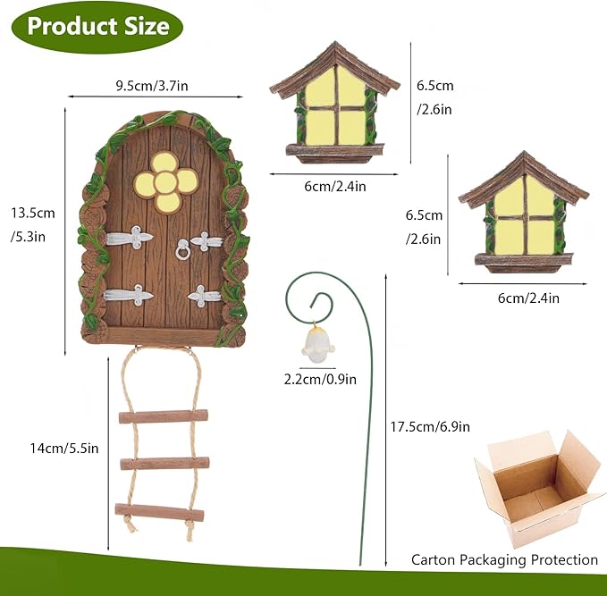 Fairy Door and Windows for Trees Outdoor, Glow in The Dark Fairy Doors Miniature Fairy Garden Accessories, Yard Art Sculpture Decoration Fairy Garden Decor with Lantern for Outside, Patio (Ladder)
