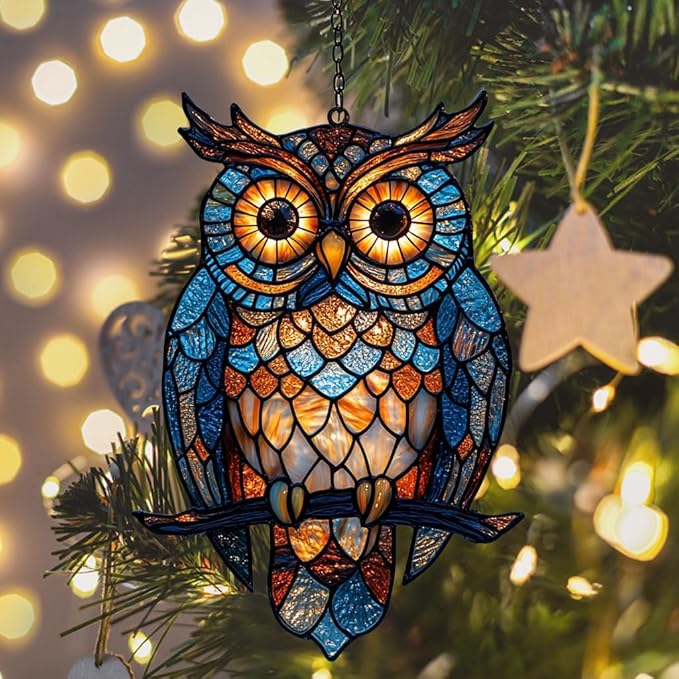 Night Owl Acrylic Suncatcher Stained Glass Effect Window Car Hanging Christmas Ornament Indoor Outdoor Decor Garden Sun Catcher Panel for Owl Lover for Women Mom Grandma