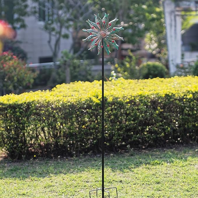 DREAMSOUL 13" Dia Wind Spinners Outdoor with Stake Kinetic Metal Wind Spinner with Red Crystal Accents, Teal Copper Windmill for Yard Garden Decor