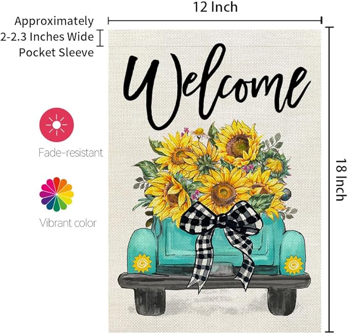 CROWNED BEAUTY Summer Garden Flag Sunflowers Truck 12x18 Inch Double Sided Small Burlap Welcome Holiday Seasonal Flag for Outside Yard Decoration