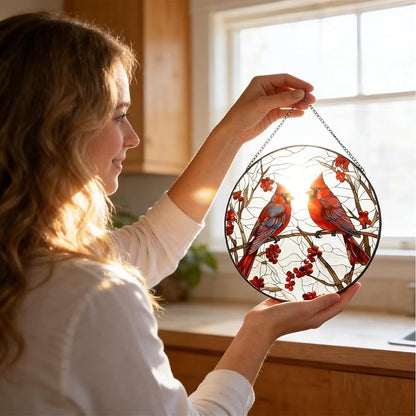 Red Cardinal Stained Glass Suncatcher - Handmade Christmas Window Hanging for Home Garden Deco
