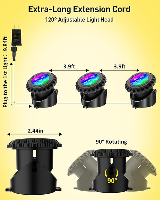 T-SUN Colored Pond Lights with Timer, LED Underwater Submersible Fountain Fish Tank Landscape Lights - Smart APP & Remote Control, IP68 Waterproof (Set of 3)