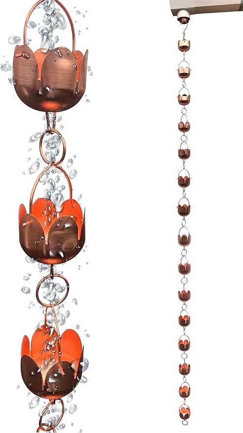 Pure Copper Garden rain Chain-Functional and Decor Replacement for Gutter Downspouts. Decor Rain Chime and Fountain. Lotus Design. One Free Adapter. 8.5 ft Length and 3 in Diameter,TF96325