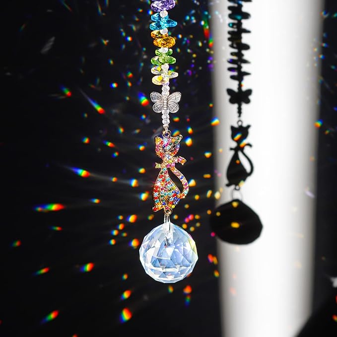 Rhinestones Suncatchers Crystal Cat Shaped Window Hang Pendant, Rainbow Crystal Prisms Ornament Car Sun Catcher Gift for Lady Women Mother