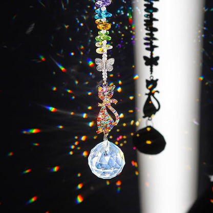 Rhinestones Suncatchers Crystal Cat Shaped Window Hang Pendant, Rainbow Crystal Prisms Ornament Car Sun Catcher Gift for Lady Women Mother
