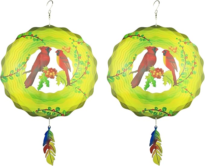 2 Pack Cardinal Wind Spinners Outdoor 12 Inch Hanging Wind Catchers Kinetic Sculpture 3D Stainless Steel Lawn Yard Garden Decor for Outside
